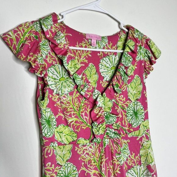 Lilly Pulitzer Clare Silk Blend Jersey Dress Ruffle Pink Green Floral Size XS - Picture 3 of 12
